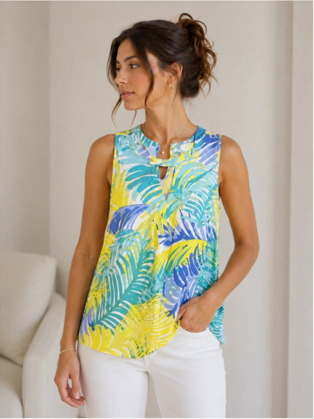 Women's Mud Pie Tank Top Size S Yellow Blue Palm Print Sleeveless Summer